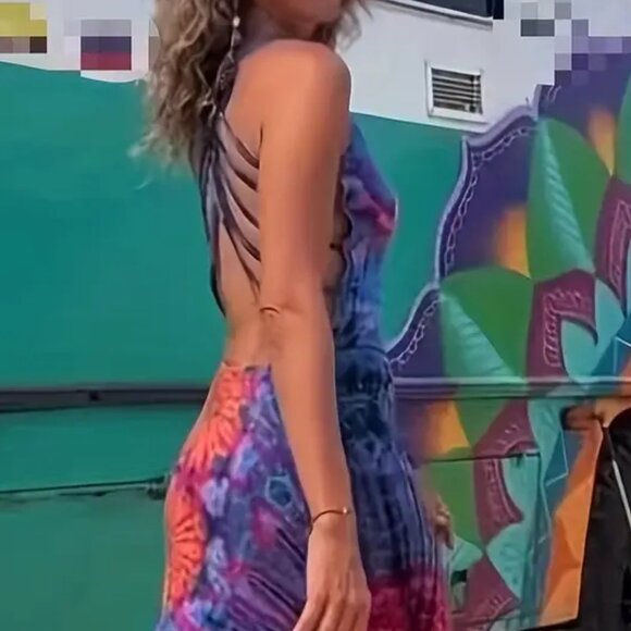 La Bamba Hippie Tie Dye Retro Backless Gypsy Boho Colorful Long Maxi Dress. - Picture 6 of 9